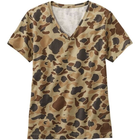 L.L. Bean Signature Women's Rangeley Cotton Tee, V-Neck, Camo Print - Picture 1 of 7